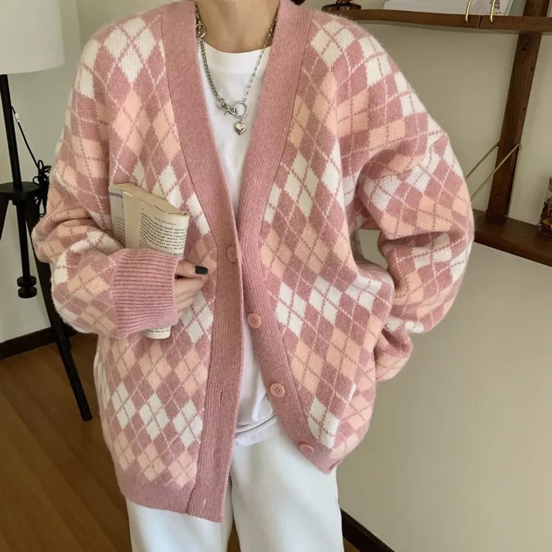 Ladies Cardigans Long Sleeve Knitted Argyle Sweater Women Korean Pink Vest Sweaters Female Jumpers Cardigan Jacket with Buttons