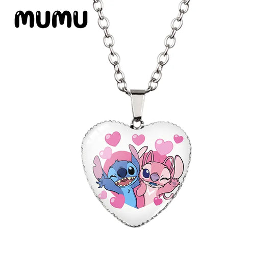 2022 New Lilo Stitch Angle Heart Necklace Glass Printed Photo Pendant Handmade Jewelry Gifts Children