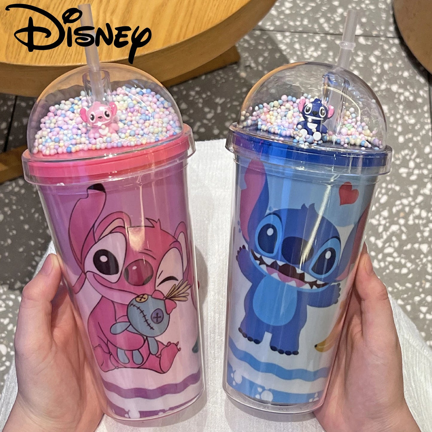 450ML Disney Stitch Straw Cups Anime Cartoon Stich Double-layer Plastic Water Cup Children Portable Waters Bottle for Kids Gifts