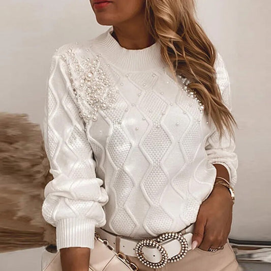 Women Long Sleeve O Neck Sweaters Clothing Autumn Winter Beaded Decor Knitted Pullover Warm White Sweater Cute Elegant Jumper