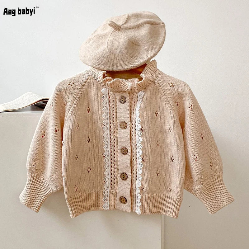 Autumn Baby Sweater Infant Girl Fungus Collar Lace Coat Cardigan Knitted Sweater Toddler Long Sleeve Tops Jacket Kids Clothing