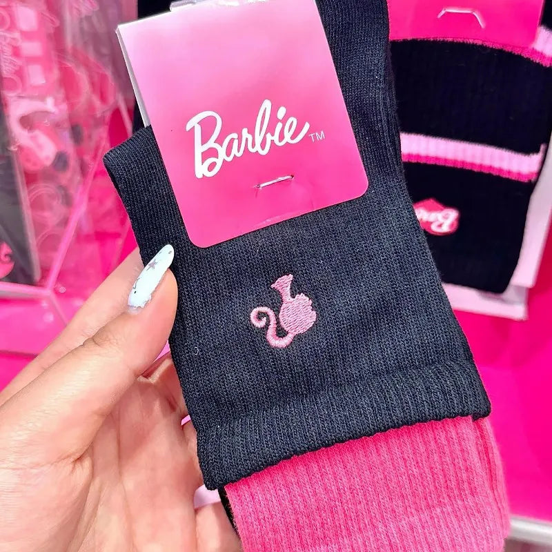 New Girls' Series Pink Barbie Embroidery Black and White Cute Mid Tube Socks Women's Versatile Barbie Socks