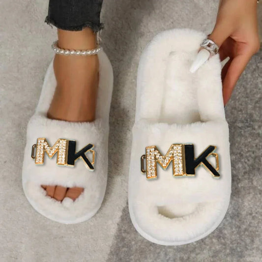 Fashion Luxury Design Home Slippers Women Solid Color Open Toe Indoor 2023 Winter Flat Non-slip Leisure Interior Female Shoes