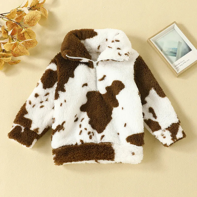 2022-11-23 Lioraitiin 0-3Years Toddler Girls Winter Warm Fleece Coat Long Sleeve Lapel Cow Print Zipper Outerwear