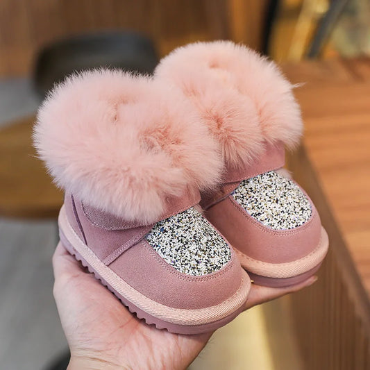 Baby Winter Girl Boots Warm Plush Shiny Sequins Toddler Boots Fashion Non-Slip Outdoor Soft Bottom Infant Snow Boots Kids Shoes