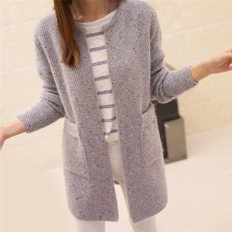 2022 Women Mid-length Cardigan Pockets Fashion Solid Knitted Sweater Tunic Crochet Jacket Ladies Sweaters Outwear Coat Cardigan