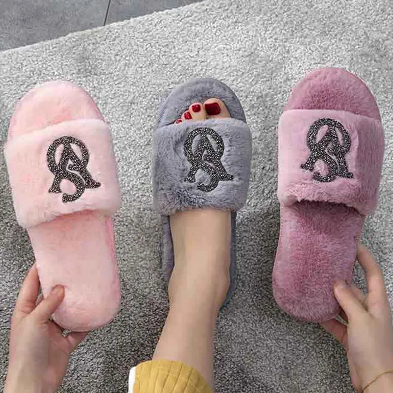 2023 Fashion Rhinestone Design Women Home Flat Slippers Sexy Open Toe New Home Fur Warm Non-slip Leisure Interior Female Shoes