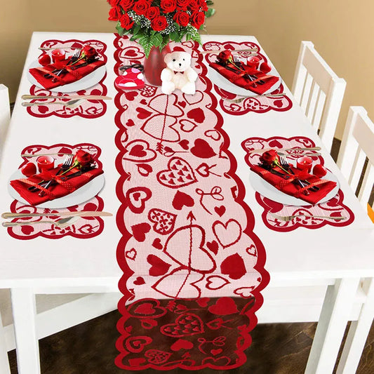 Valentine's Day Table Runner Placemats Love Heart Hollow Lace Table Runner for Wedding Valentines Party Decorations Supplies