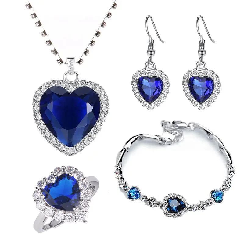 4Pcs/set Titanic Heart of Ocean Necklaces for Women Love Heart Blue Crystal Zircon Jewelry Sets Female Wedding Party Jewelry